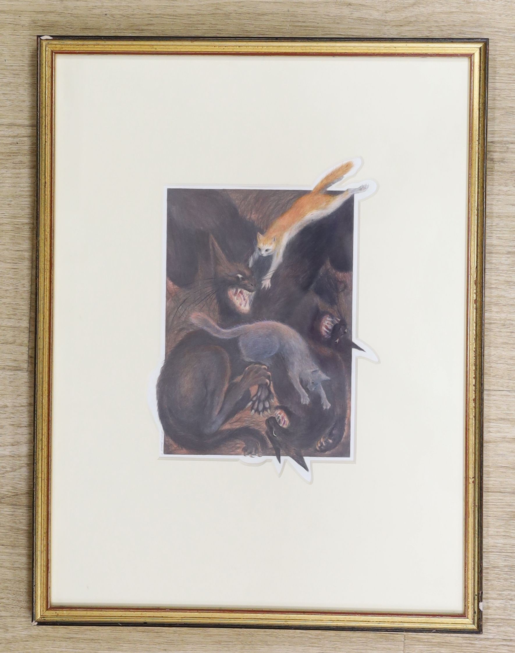 Angela Barrett (b.1955), watercolour and pencil, 'The Witch cats....' illustration for Jenny Nimmo, The Witches and the Singing Mice', 1993, Chris Beetles label verso, 24 x 17cm